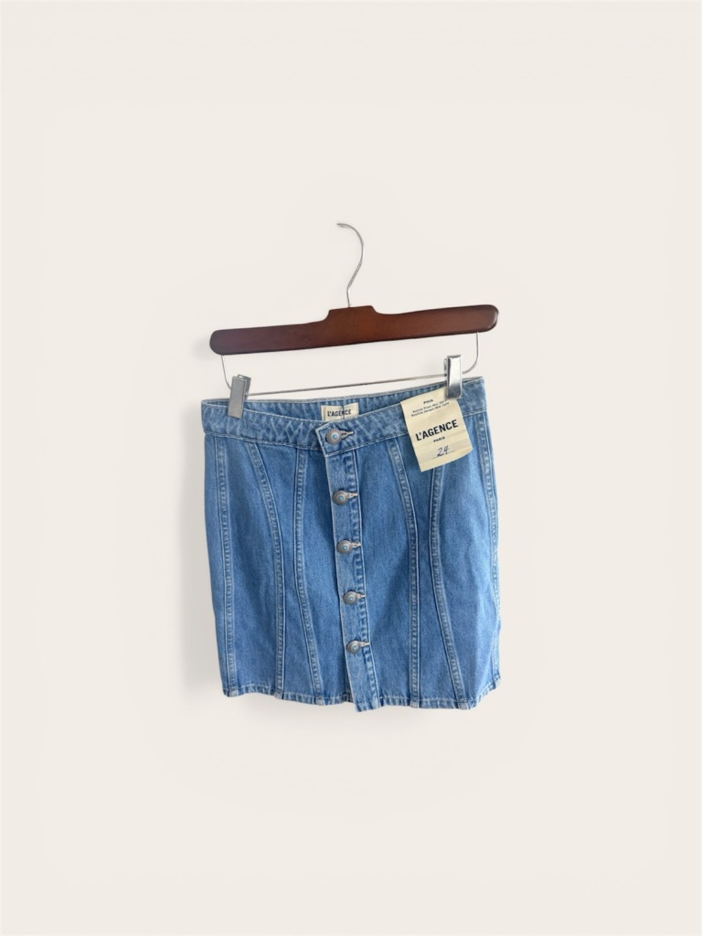 L'AGENCE Light Blue Denim Button-Front Mini Skirt